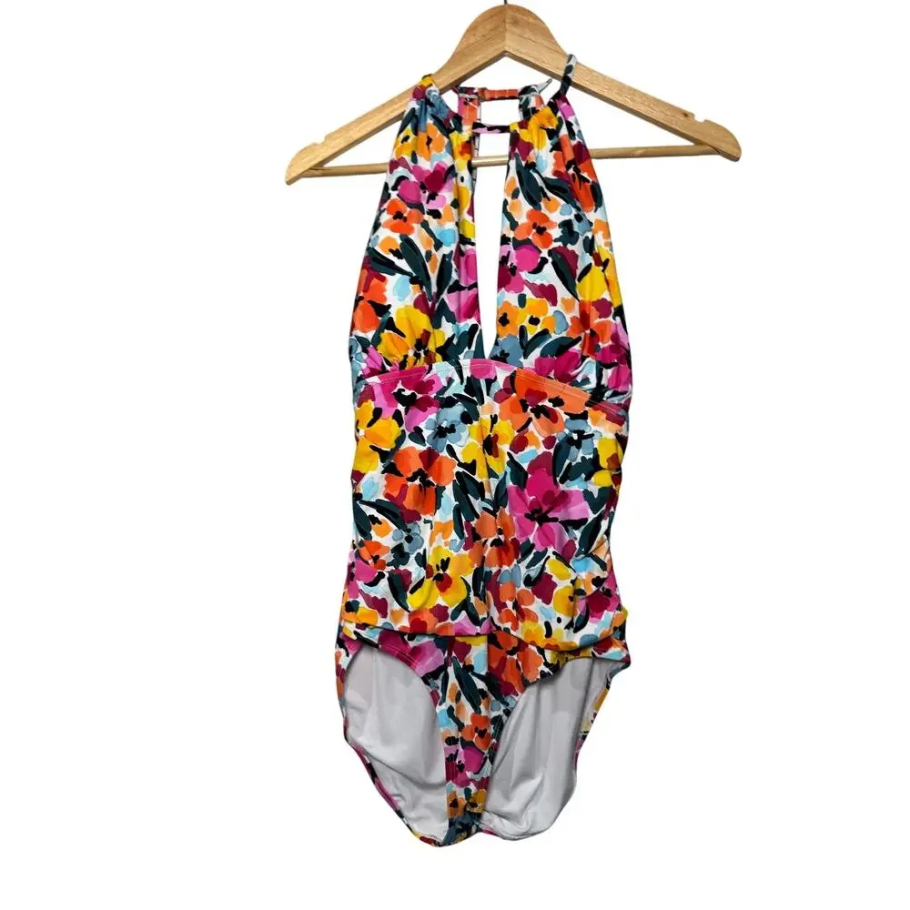 Ann Cole Deep V Floral One Piece Swimsuit Size 14